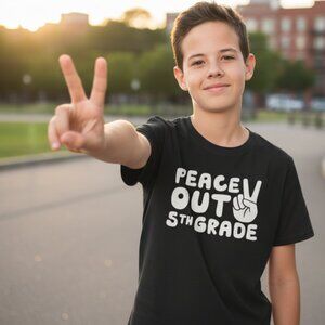 PEACE OUT 5th Fifth Grade Black Short Sleeve Graphic Tee 10 12 Boys Girls School
